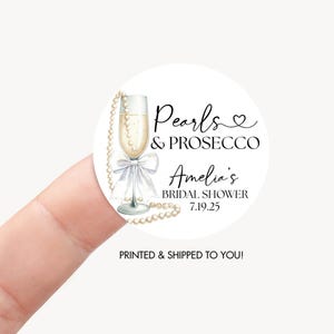Pearls & Prosecco Bridal Shower Favor Sticker, Pearls and Prosecco Wedding Shower Label, Gold Pearls Champagne Bridal Shower Decoration 2" With White Bow