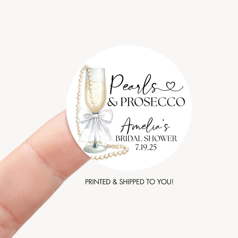 Pearls & Prosecco Bridal Shower Favor Sticker, Pearls and Prosecco Wedding Shower Label, Gold Pearls Champagne Bridal Shower Decoration 2" With White Bow