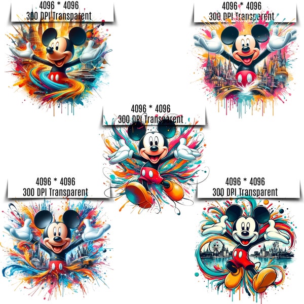 5 Mickey Mause Splash and Watercolor Png Sublimation | Cartoon Characters Png | High Resolution Watercolor Design Png | Tshirt Design Png