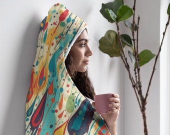 Rainbow Splash Print Hooded Blanket, Snuggle Blanket, Cozy Blanket, Plush Sherpa & Ultra Soft Microfiber Fleece, Hoodie Blanket
