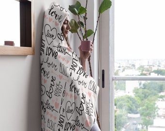 Love You Heart Print Hooded Blanket, Snuggle Blanket, Cozy Blanket, Plush Sherpa & Ultra Soft Microfiber Fleece, Hoodie Blanket