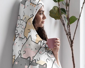 Cat Print Hooded Blanket, Snuggle Blanket, Cozy Blanket, Plush Sherpa & Ultra Soft Microfiber Fleece, Hoodie Blanket