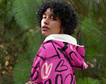 Hot Pink Heart Print Hooded Blanket, Snuggle Blanket, Cozy Blanket, Plush Sherpa & Ultra Soft Microfiber Fleece, Hoodie Blanket