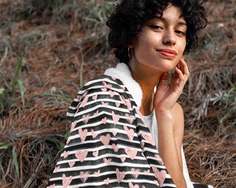 Light Pink Heart Print Hooded Blanket, Snuggle Blanket, Cozy Blanket, Plush Sherpa & Ultra Soft Microfiber Fleece, Hoodie Blanket