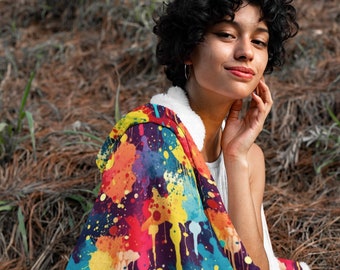 Rainbow Paint 2 Print Hooded Blanket, Snuggle Blanket, Cozy Blanket, Plush Sherpa & Ultra Soft Microfiber Fleece, Hoodie Blanket