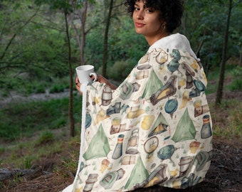 Summer Camping 1 Print Hooded Blanket, Snuggle Blanket, Cozy Blanket, Plush Sherpa & Ultra Soft Microfiber Fleece, Hoodie Blanket