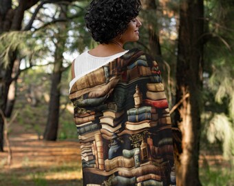 Books on Shelves Print Hooded Blanket, Snuggle Blanket, Cozy Blanket, Plush Sherpa & Ultra Soft Microfiber Fleece, Hoodie Blanket