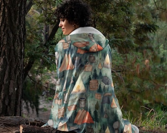 Summer Camping 2 Print Hooded Blanket, Snuggle Blanket, Cozy Blanket, Plush Sherpa & Ultra Soft Microfiber Fleece, Hoodie Blanket