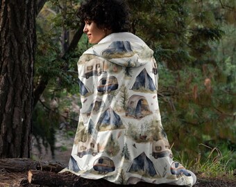 Camping 6 Print Hooded Blanket, Snuggle Blanket, Cozy Blanket, Plush Sherpa & Ultra Soft Microfiber Fleece, Hoodie Blanket