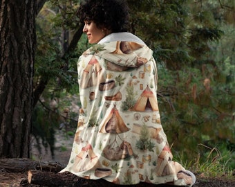 Camping 1 Print Hooded Blanket, Snuggle Blanket, Cozy Blanket, Plush Sherpa & Ultra Soft Microfiber Fleece, Hoodie Blanket