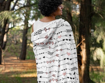 Heart and Arrow Print Hooded Blanket, Snuggle Blanket, Cozy Blanket, Plush Sherpa & Ultra Soft Microfiber Fleece, Hoodie Blanket