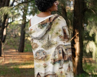 Camping 2 Print Hooded Blanket, Snuggle Blanket, Cozy Blanket, Plush Sherpa & Ultra Soft Microfiber Fleece, Hoodie Blanket
