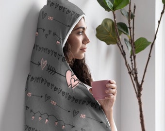 Grey and Pink Heart Print Hooded Blanket, Snuggle Blanket, Cozy Blanket, Plush Sherpa & Ultra Soft Microfiber Fleece, Hoodie Blanket