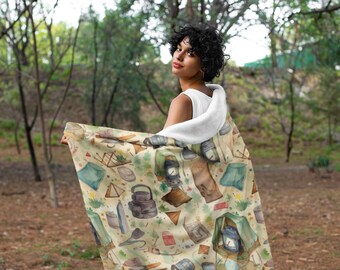 Summer Camping 4 Print Hooded Blanket, Snuggle Blanket, Cozy Blanket, Plush Sherpa & Ultra Soft Microfiber Fleece, Hoodie Blanket