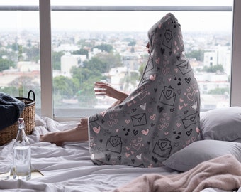 Light Grey Heart Print Hooded Blanket, Snuggle Blanket, Cozy Blanket, Plush Sherpa & Ultra Soft Microfiber Fleece, Hoodie Blanket