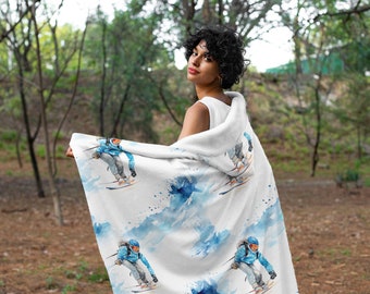 Skiing Print Hooded Blanket, Snuggle Blanket, Cozy Blanket, Plush Sherpa & Ultra Soft Microfiber Fleece, Hoodie Blanket
