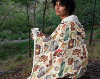 Summer Camping 7 Print Hooded Blanket, Snuggle Blanket, Cozy Blanket, Plush Sherpa & Ultra Soft Microfiber Fleece, Hoodie Blanket