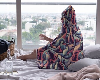 Sophisticated Cat Print Hooded Blanket, Snuggle Blanket, Cozy Blanket, Plush Sherpa & Ultra Soft Microfiber Fleece, Hoodie Blanket