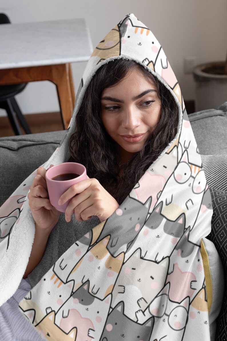 Cat Print Hooded Blanket, Snuggle Blanket, Cozy Blanket, Plush Sherpa