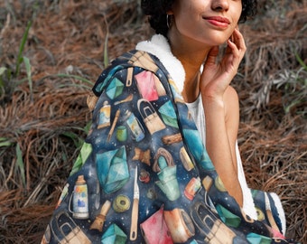 Summer Camping 8 Print Hooded Blanket, Snuggle Blanket, Cozy Blanket, Plush Sherpa & Ultra Soft Microfiber Fleece, Hoodie Blanket