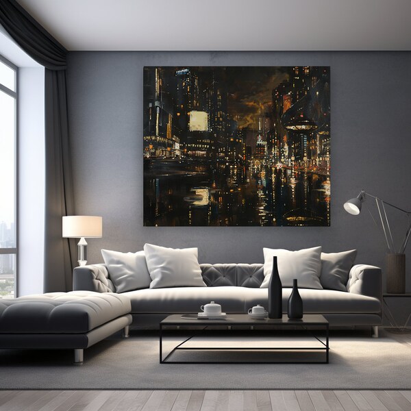 Nocturnal Reverie Matte Canvas, City at night, painting of a city at night, night city painting, night city wall art, night city wall decor