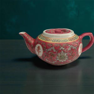 Vintage Jingdezhen Porcelain Teapot, Wan Shou Wu Jiang Longevity Pattern