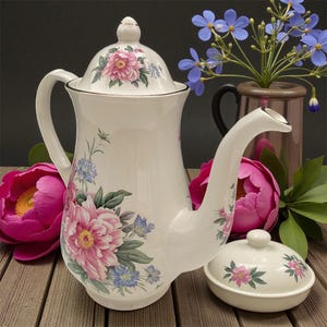 Vintage English Teapot by Royal Caldone Ceracraft, 1980s Pink Peonies Floral Porcelain