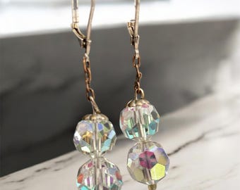 Vintage AB Crystal Dangle Earrings | Aurora Borealis Sterling Silver Lever Back Jewelry
