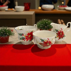 Vintage Royal Albert Poinsettia Teacup, Creamer & Sugar Bowl • 1976 Bone China