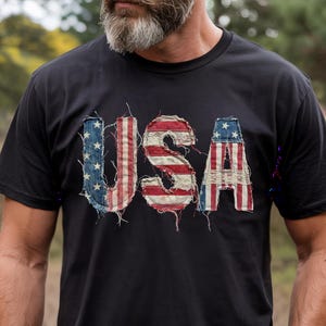 Chemise patriotique avec transfert DTF, drapeau américain, effet vieilli, 4 juillet, thermocollant