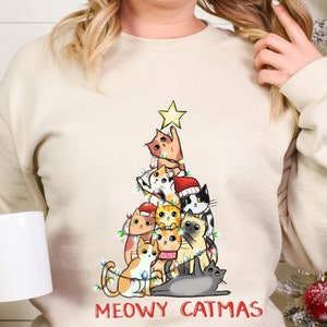 Merry Catmas Sweatshirt, Cute Cat Christmas Pullover Hoodie,  Funny Christmas T Shirt, Holiday Crewneck, Meowy Christmas,Cute Cat Longsleeve