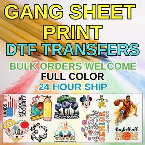 DTF Transfer Gang Sheets Full Color , Bulk Order, Wholesale DTF Print T-Shirt Heat Transfer, Press Ready, Custom Transfer
