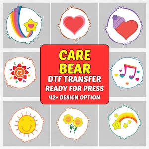 May include: A selection of Care Bear DTF transfer designs, ready for pressing. The designs feature Care Bear symbols like a rainbow with a star, a red heart, a heart with a purple hat, a sun, flowers, and musical notes. The image text reads "Care Bear DTF Transfer Ready for Press 42+ Design Option."