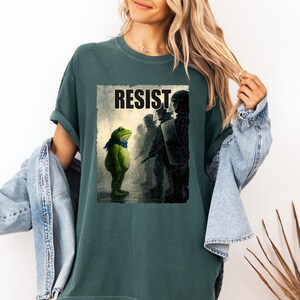 Resist Frog DTF Transfer, Green Frog Standing Against Riot Police Protest Design for T-Shirt, Political Meme Heat Transfer DIY Apparel