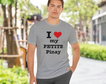 May include: A gray t-shirt with a black graphic that says "I love my petite Pinay" with a red heart.