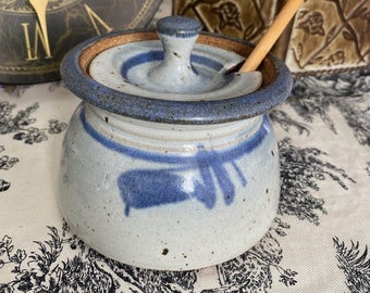 Signed Studio Art Pottery 5" Lidded Stoneware Honey Pot Jar Gray Blue Floral Crock