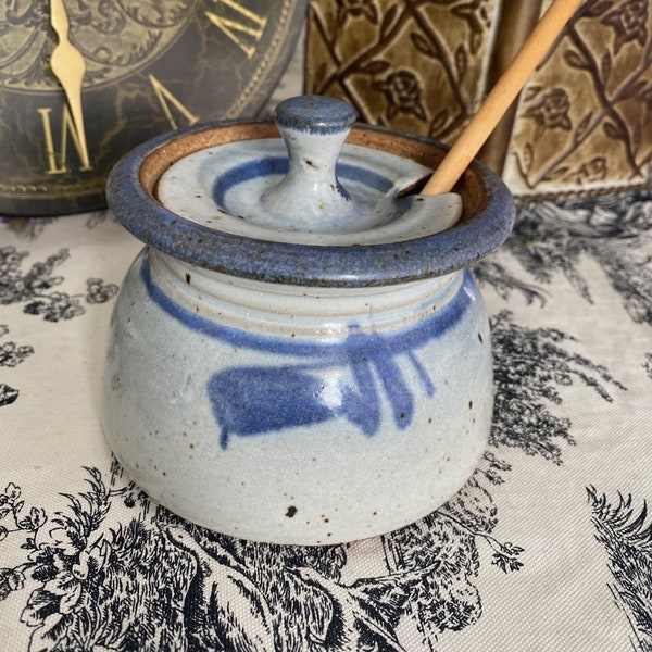 Signed Studio Art Pottery 5" Lidded Stoneware Honey Pot Jar Gray Blue Floral Crock