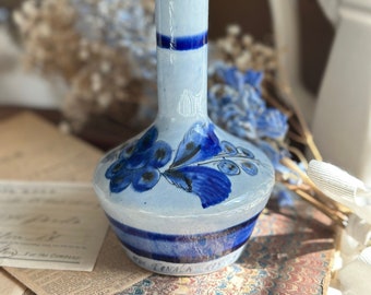 Tonala Mexican Art Pottery Blue and Gray Long Neck Ceramic Stoneware Bud Vase