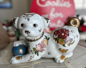 Franklin Mint Porcelain Puppy Figurine, Hand-Painted Floral Foo Dog Style