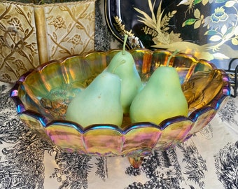 Indiana Carnival Amber Gold Marigold Iridescent Glass Footed Grape Harvest Fruit Bowl