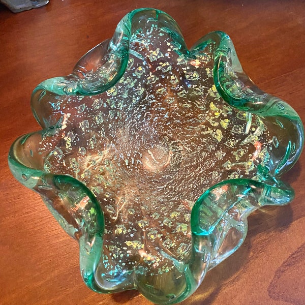 Emerald Murano Style Bullicante Art Glass Bowl Ashtray Trapped Bubble Gold Flecks