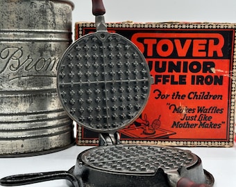 Antique Stover Junior Cast Iron Waffle Iron Toy in Original Box Kitchenware