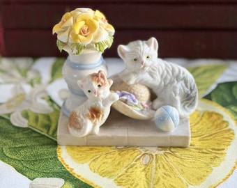Cat and Kitten Ceramic Figurine with Yellow Rose in Vase Hat and Ball