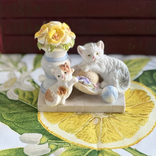 Cat and Kitten Ceramic Figurine with Yellow Rose in Vase Hat and Ball