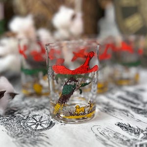 MCM Shot Glass Set of 4 Hazel Atlas Vintage Bar Ware Pheasant Hunting Theme Retriever