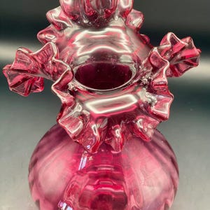Fenton Style Cranberry Ruffled Edge Glass Art Vase Victorian Decor