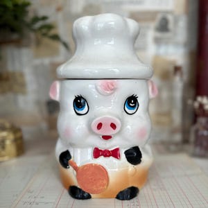 Vintage Piggy Cookie Jar Two Piece Rockabillly era 1940/50s Ceramic Chef Piggy Cookie Jar Made in Japan Kitschy Mid Century