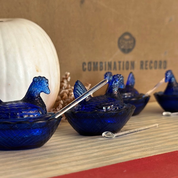 Cobalt Blue Miniature Hen on Nest Salt Cellars, 4 available with Glass Spoons