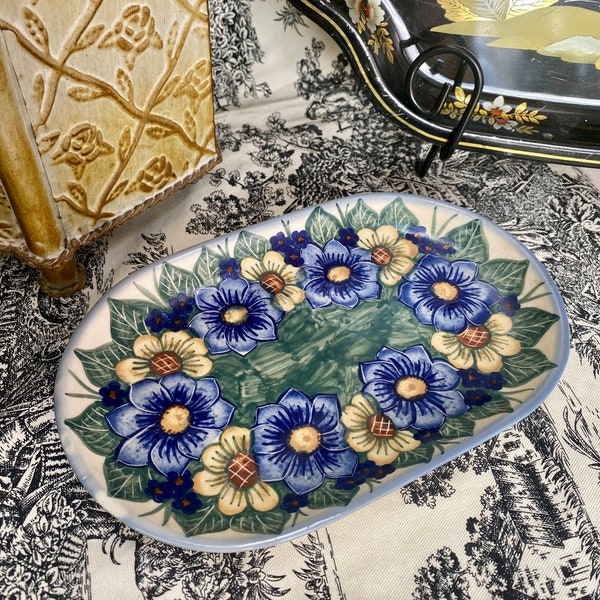 Polish Pottery Hand Made Unikat Small Oval Tray Floral Pansy Pattern