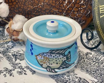 Hand Painted Fish Pottery Crock, Coastal Decor Lidded Jar